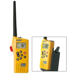 ACR 720S-00614 | SafeSea V100 GMDSS handheld VHF radio offers 21 simplex channels and is supplied with a lithium battery, Lithium Polymer rechargeable battery and charging kit.