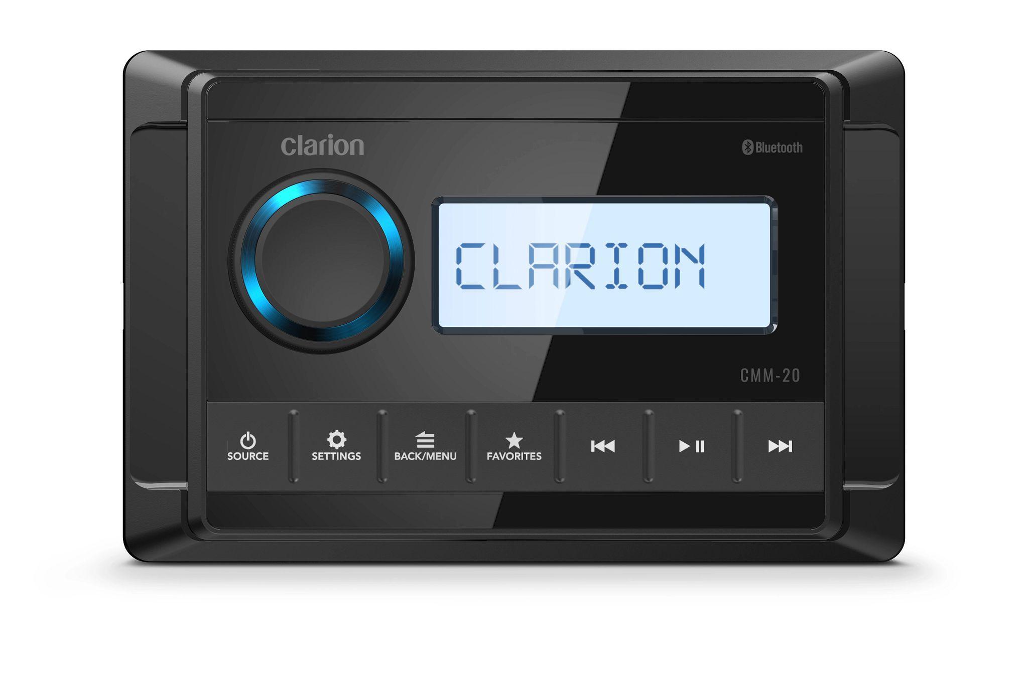 CLARION Marine Source Unit (IP66 rated) with 2.37-inch (60 mm) Monochrome LCD Display. Features: Global AM/FM Tuner, NOAA Weather Radio, Bluetooth 5.0, USB 2.0 (1A charging), Aux Input, Built-in 100W