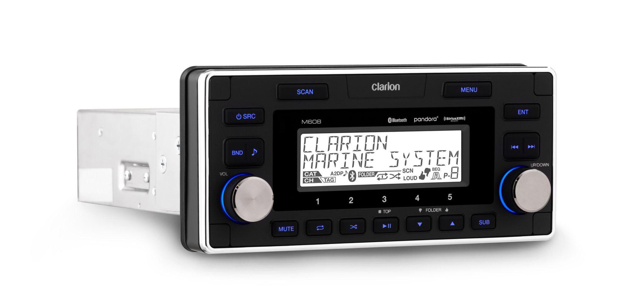 CLARION Digital Media Receiver with 4 Audio ZonesStandard DIN chassis, oversized 1.5 DIN faceplate. Features: AM/FM/WB, Bluetooth with AptX, USB, Aux Inputs (2), Pandora and SiriusXM-ready, MFI for Ap