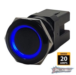 PLASHLIGHTS PL22BLK-L-BL Marine Push Button Switch - Blue LED - 20A - Black Anodized- On/Off - Latching | PL22BLK-L-BL