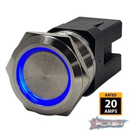 PLASHLIGHTS PL22SS-L-BL Marine Push Button Switch - Blue LED - 20A - Stainless Steel - On/Off - Latching | PL22SS-L-BL