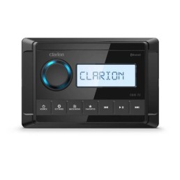 CLARION Marine Source Unit (IP66 rated) with 2.37-inch (60 mm) Monochrome LCD Display. Features: Global AM/FM Tuner, NOAA Weather Radio, Bluetooth 5.0, USB 2.0 (1A charging), Aux Input, Built-in 100W