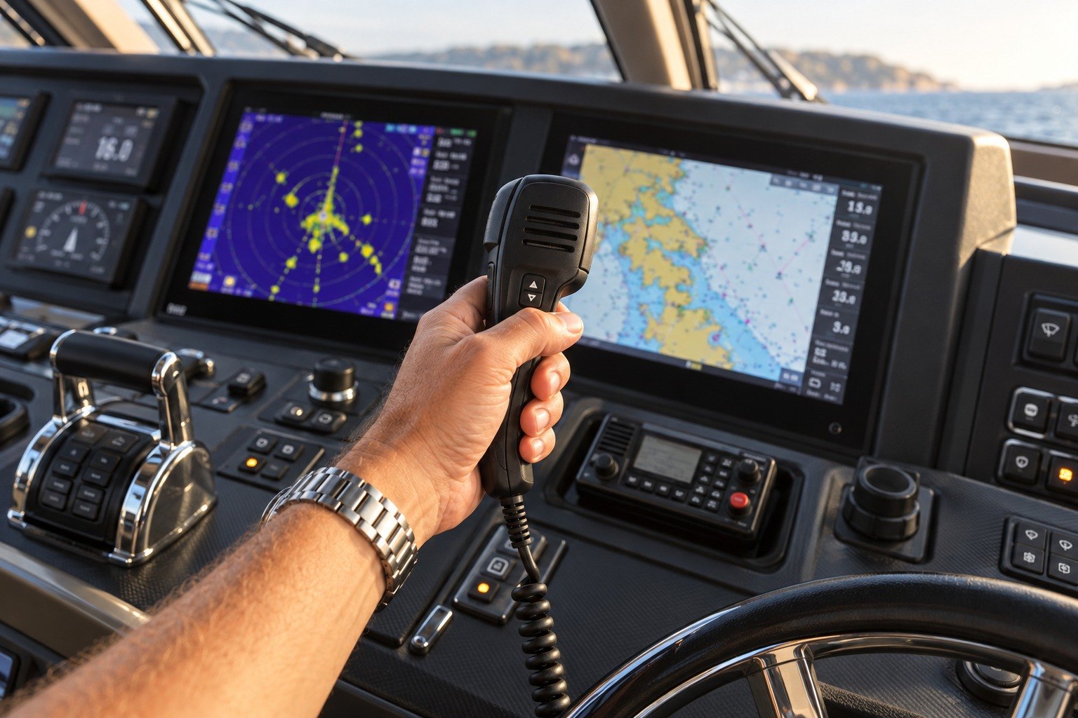 Captain holding a VHF radio handset in front of radar and chartplotter displays