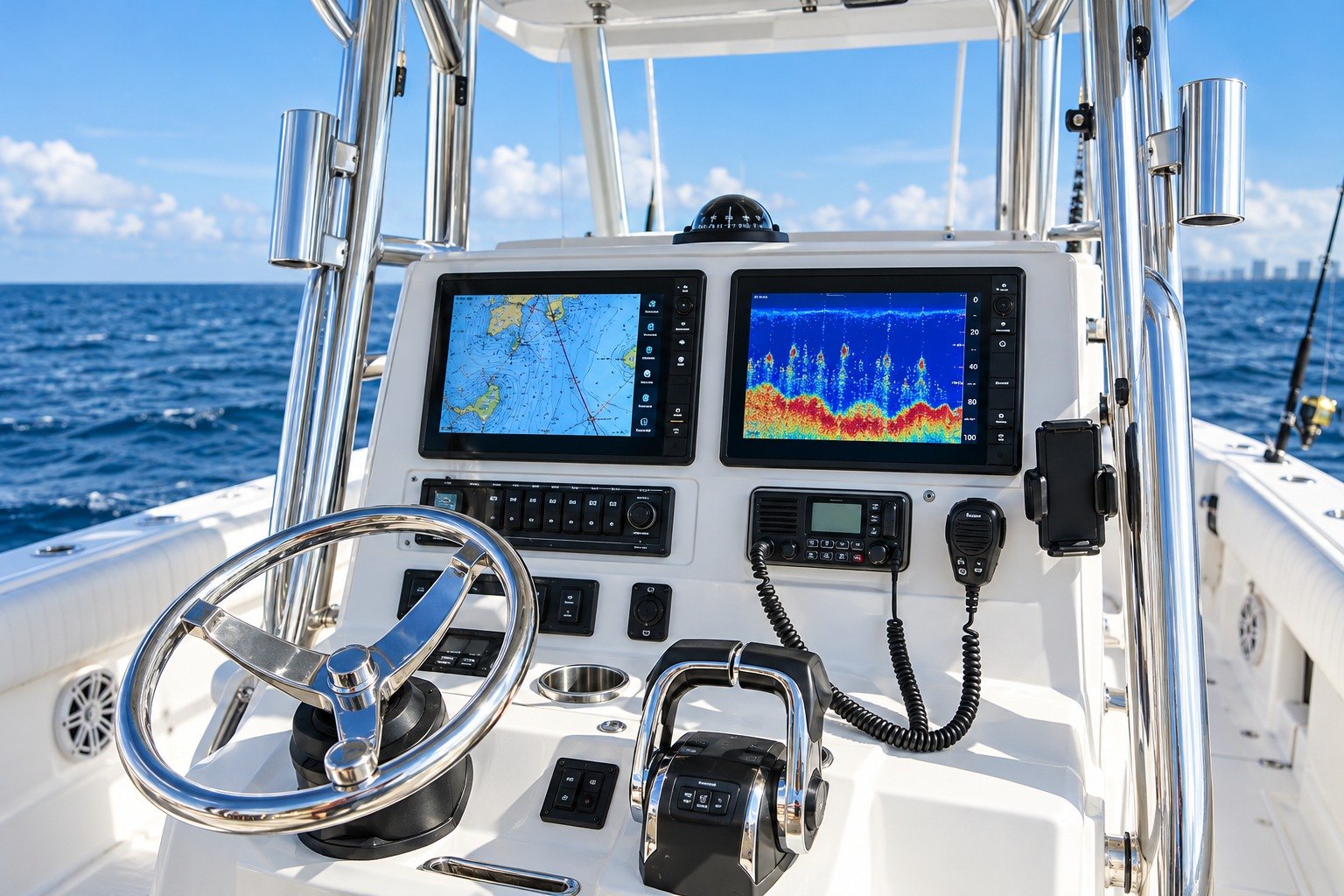 Center console helm with two multifunction displays